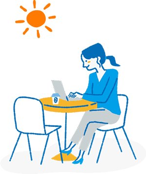カフェでパソコンを開く女性のイラスト