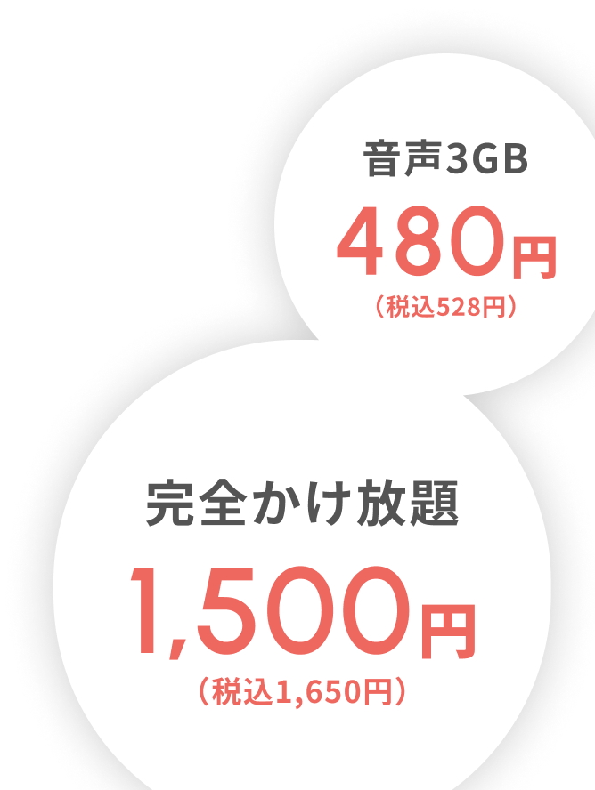音声3GB480円（税込528円）、完全かけ放題1,500円（税込1,650円）